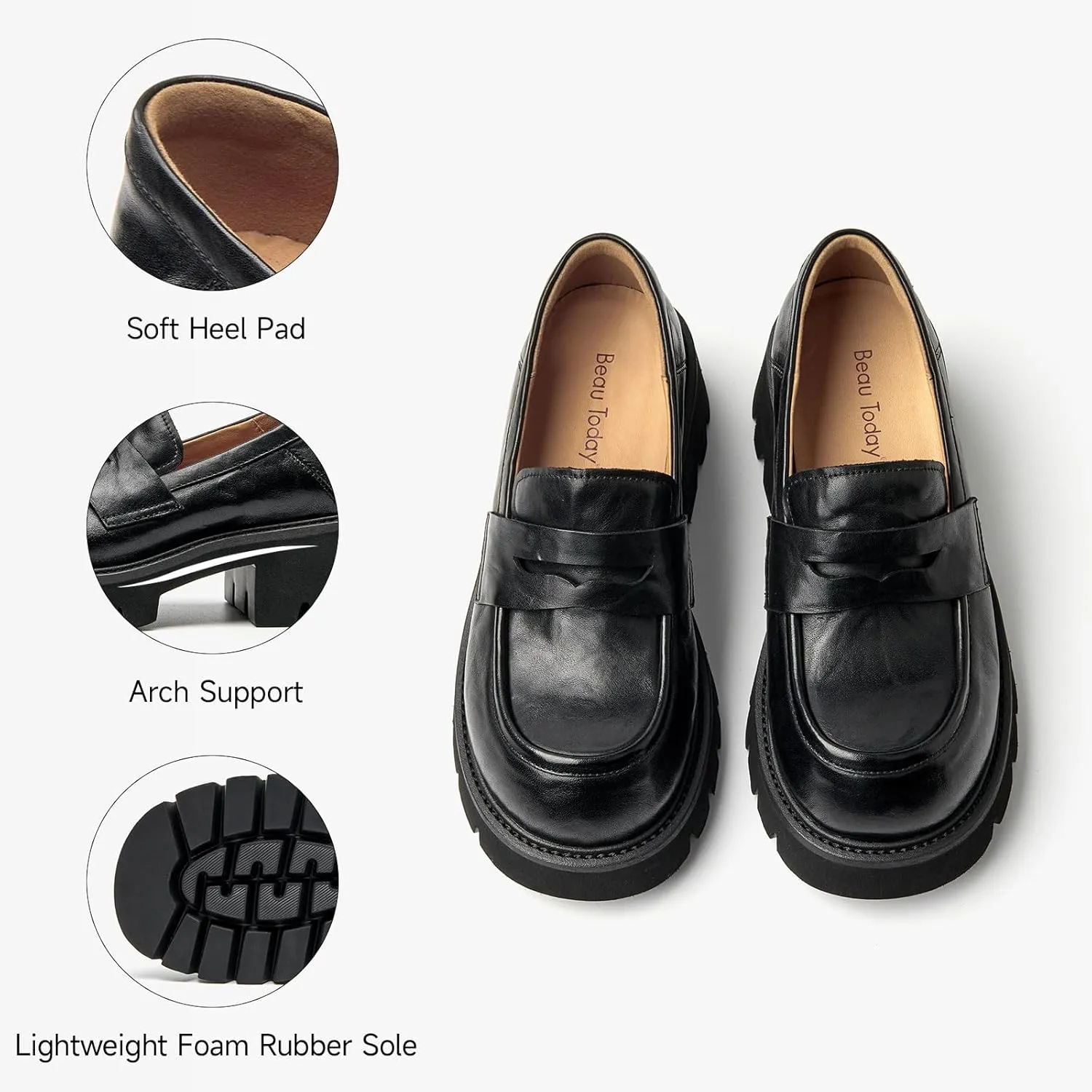 BEAU TODAY Platform Loafers for Women, Women??s Chunky Leather Loafers, Slip-on Lug Sole Penny Loafers Comfortable Business Casual Office Non Slip Round Toe Ladies Dress Shoes