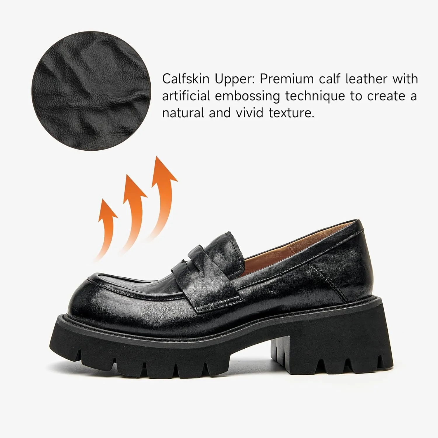 BEAU TODAY Platform Loafers for Women, Women??s Chunky Leather Loafers, Slip-on Lug Sole Penny Loafers Comfortable Business Casual Office Non Slip Round Toe Ladies Dress Shoes