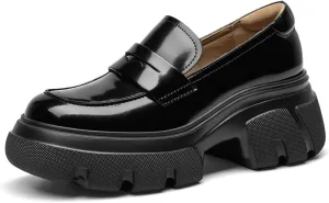 BEAU TODAY Womens Fashion Platform Loafers,Comfort Slip-on Leather Loafers for Women,Chunky Heel Shoes with Round Toe Business Work Shoes
