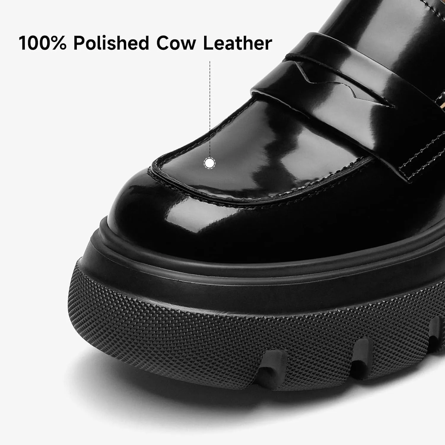 BEAU TODAY Womens Fashion Platform Loafers,Comfort Slip-on Leather Loafers for Women,Chunky Heel Shoes with Round Toe Business Work Shoes