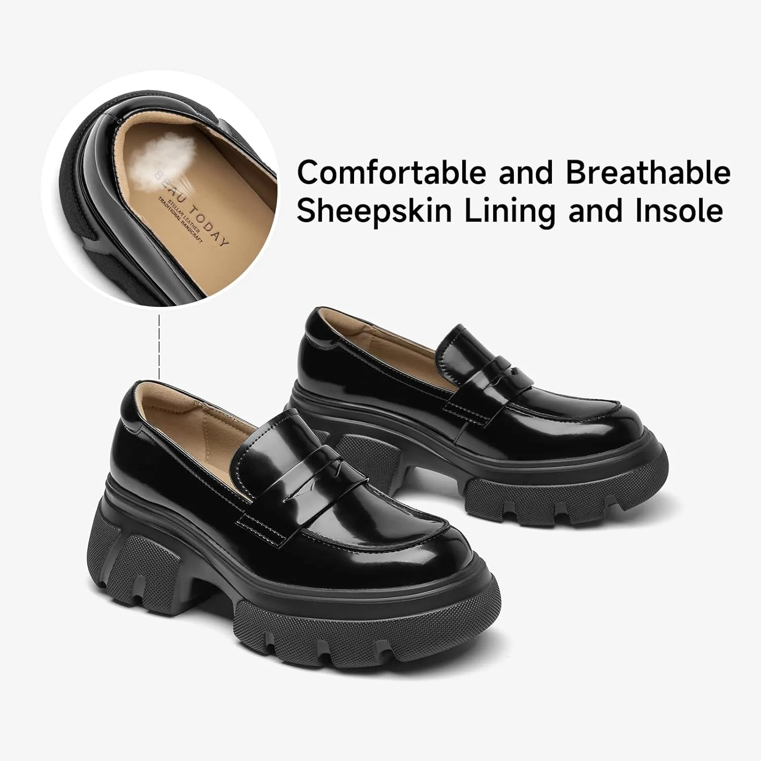 BEAU TODAY Womens Fashion Platform Loafers,Comfort Slip-on Leather Loafers for Women,Chunky Heel Shoes with Round Toe Business Work Shoes