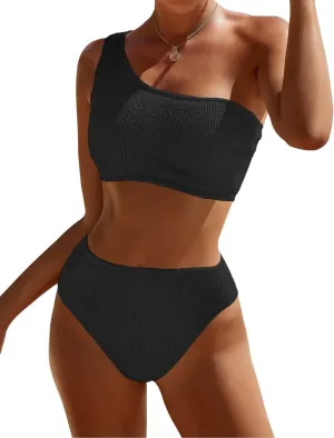 Bikini Sets for Women High Waisted 2 Piece Bestselling Swimsuit Ribbed One Shoulder Tummy Control Bathing Suit 2025