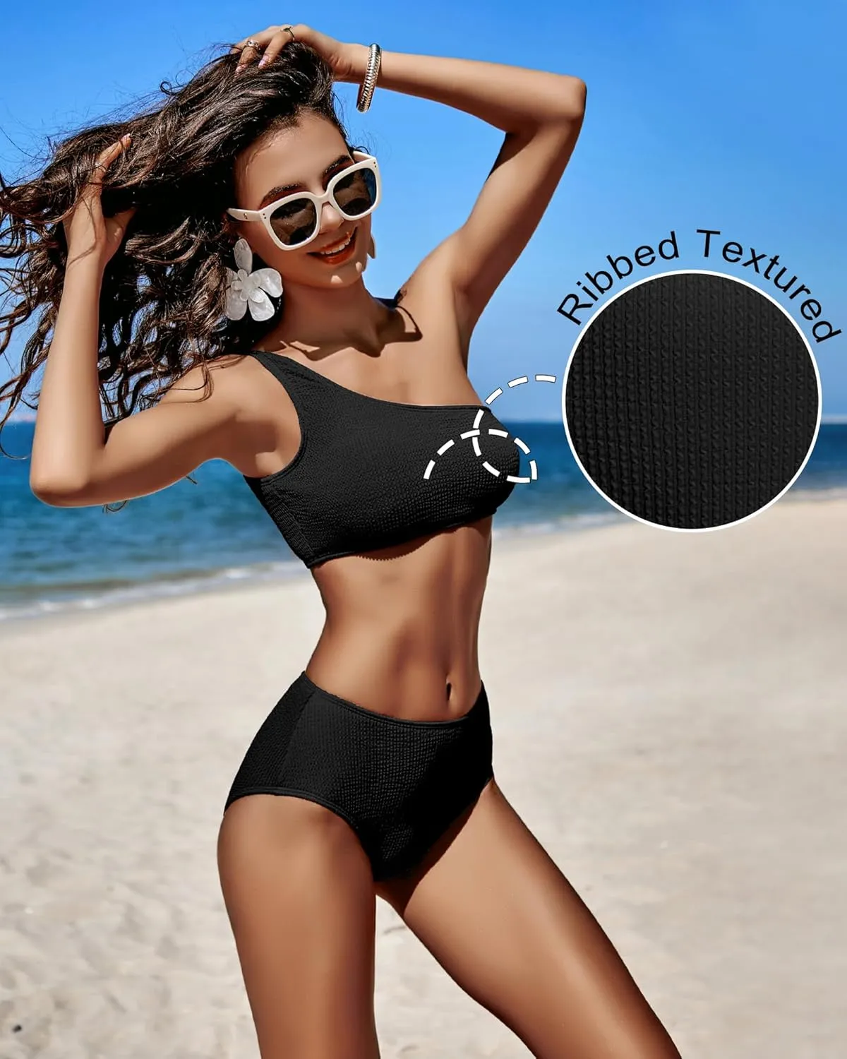 Bikini Sets for Women High Waisted 2 Piece Bestselling Swimsuit Ribbed One Shoulder Tummy Control Bathing Suit 2025
