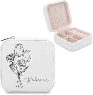 Birth Month Flower Jewelry Case Personalized Travel Jewelry Box with Name Customized Bridesmaid Jewelry Organizer for Earrings, Rings, Necklaces, Bracelet Birthday Gifts for Girlfriend