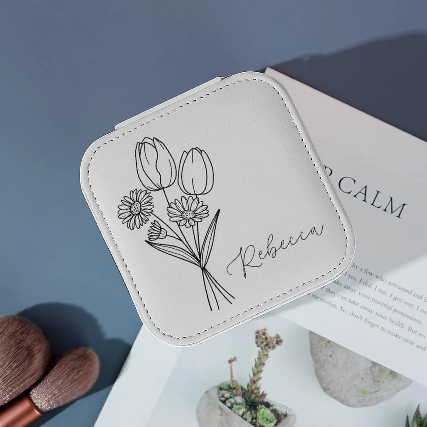 Birth Month Flower Jewelry Case Personalized Travel Jewelry Box with Name Customized Bridesmaid Jewelry Organizer for Earrings, Rings, Necklaces, Bracelet Birthday Gifts for Girlfriend