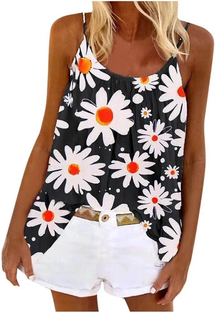 Boho Tank Tops for Women Dasiy Printed Loose Fit Flowy Cami Shirts Lightweight Summer Cute Beach Outfits Trendy