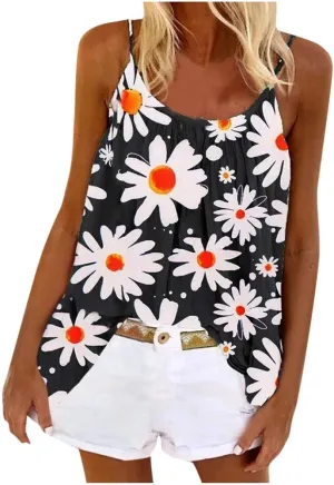 Boho Tank Tops for Women Dasiy Printed Loose Fit Flowy Cami Shirts Lightweight Summer Cute Beach Outfits Trendy