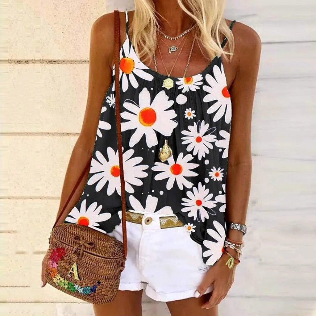 Boho Tank Tops for Women Dasiy Printed Loose Fit Flowy Cami Shirts Lightweight Summer Cute Beach Outfits Trendy