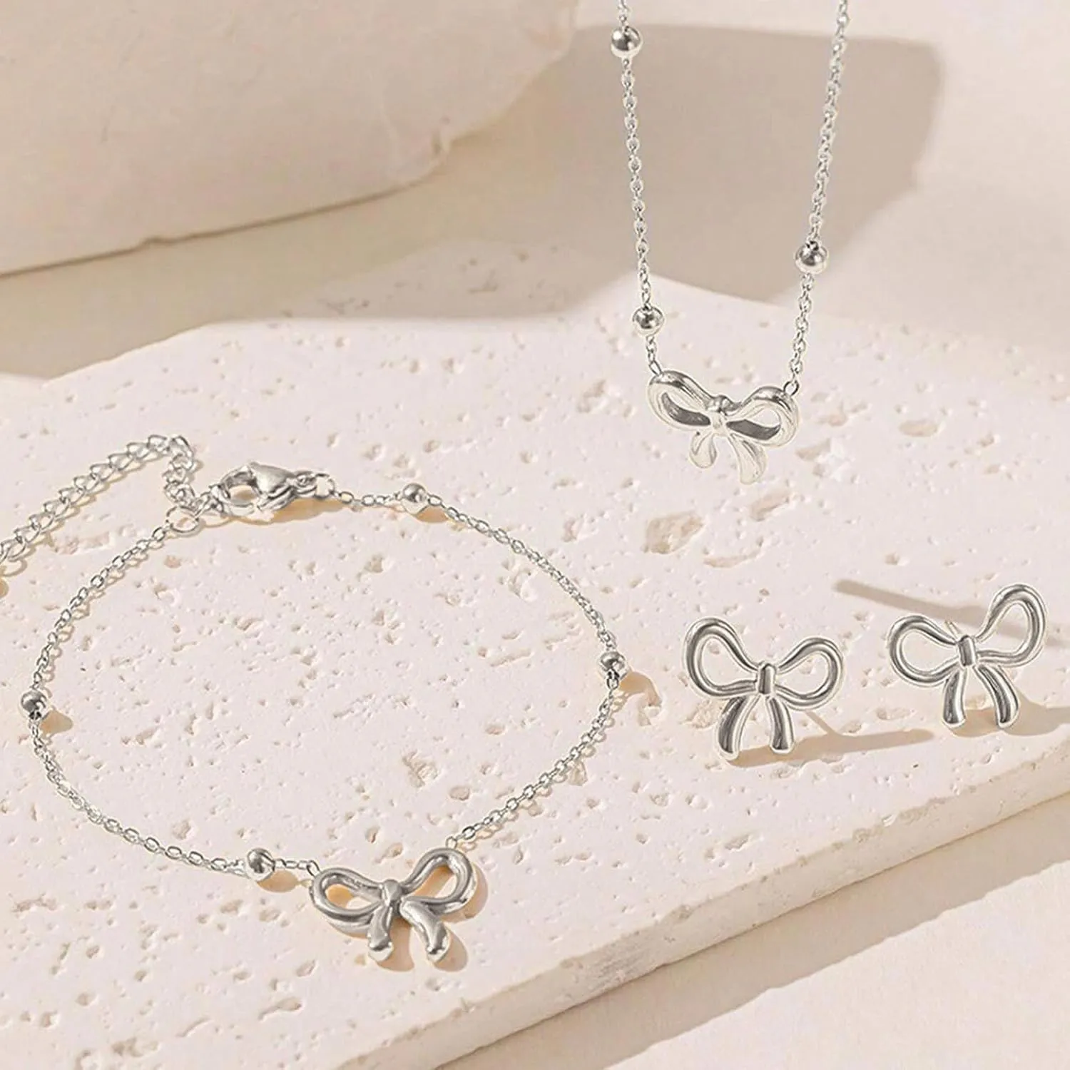 Bow Necklace Earrings Bracelet Bow Jewelry Sets for Women Dainty Gold Jewelry Set Bowknot Pendant Necklace Ribbon Stud Earrings Trendy Stuff Jewelry Gifts