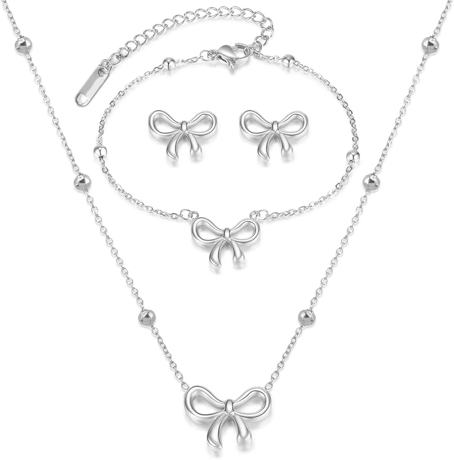 Bow Necklace Earrings Bracelet Bow Jewelry Sets for Women Dainty Gold Jewelry Set Bowknot Pendant Necklace Ribbon Stud Earrings Trendy Stuff Jewelry Gifts