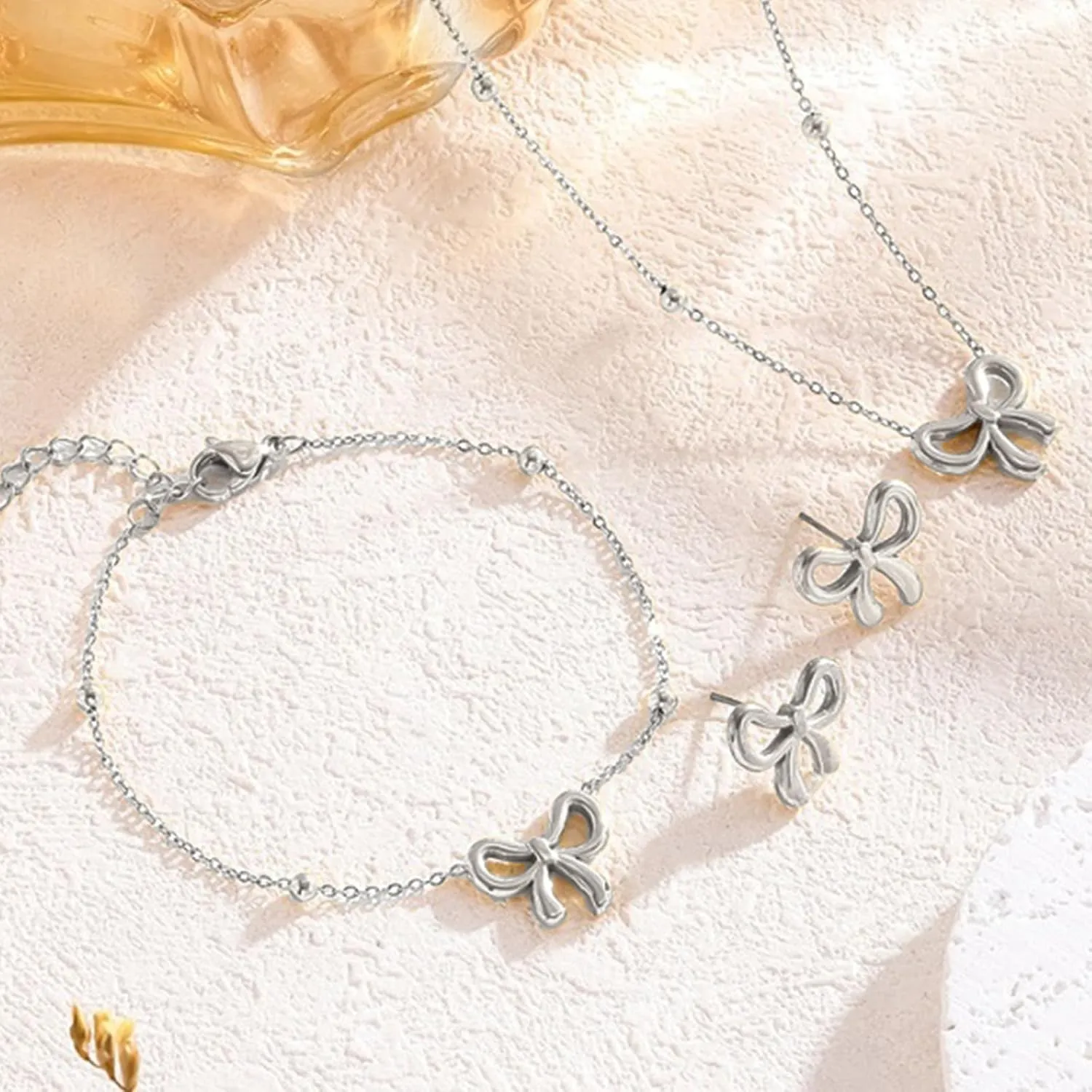 Bow Necklace Earrings Bracelet Bow Jewelry Sets for Women Dainty Gold Jewelry Set Bowknot Pendant Necklace Ribbon Stud Earrings Trendy Stuff Jewelry Gifts
