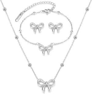 Bow Necklace Earrings Bracelet Bow Jewelry Sets for Women Dainty Gold Jewelry Set Bowknot Pendant Necklace Ribbon Stud Earrings Trendy Stuff Jewelry Gifts