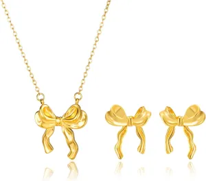 Bow Necklace Earrings Bracelet Bow Jewelry Sets for Women Dainty Gold Jewelry Set Bowknot Pendant Necklace Ribbon Stud Earrings Trendy Stuff Jewelry Gifts