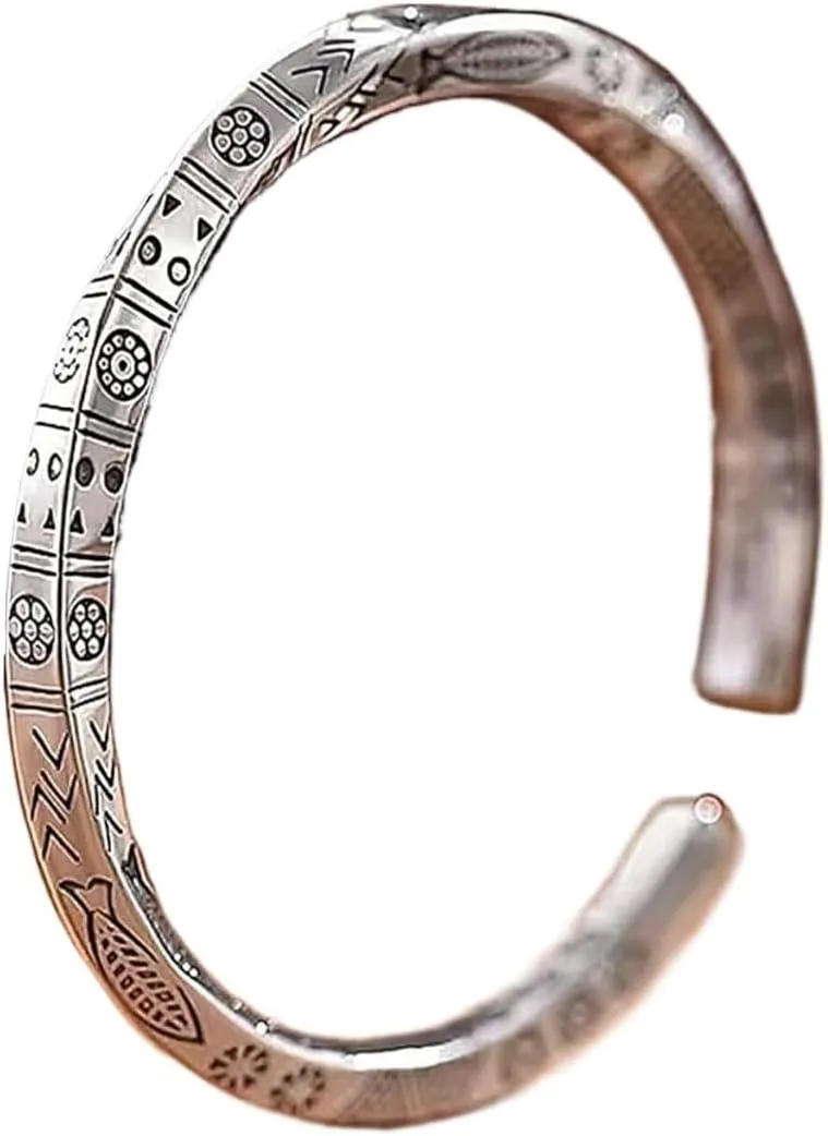 Bracelets,Silver Bracelets,Cuff Bangle,Silver Bangles,Chain Bracelets,Auspicious Totem Ethnic Bracelet,Adjustable Open Solid Bracelet Jewelry