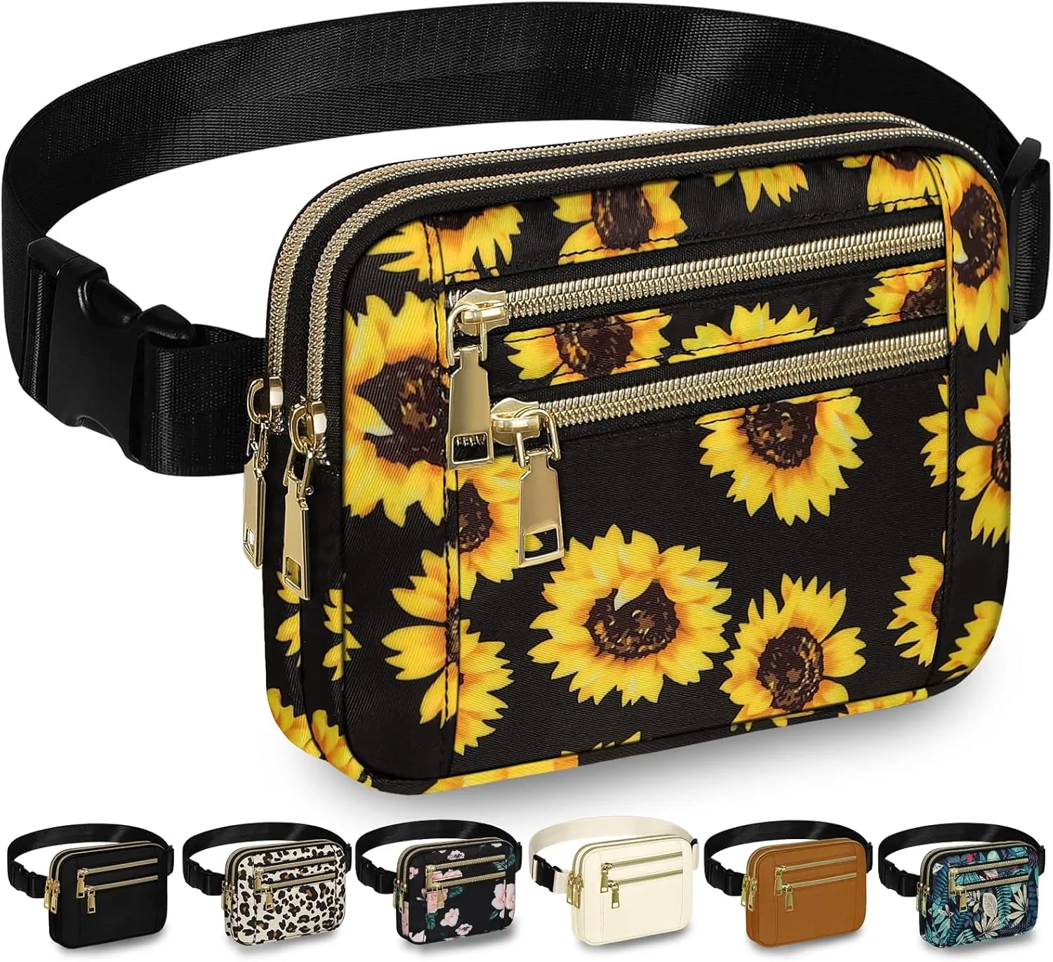 Capolo Fanny Packs for Women Fashion Waist Packs Bag with Adjustable Strap and 4 Zipper Pockets Waterproof Everywhere Crossbody Belt Bag for Workout Running Travelling(Sunflower)