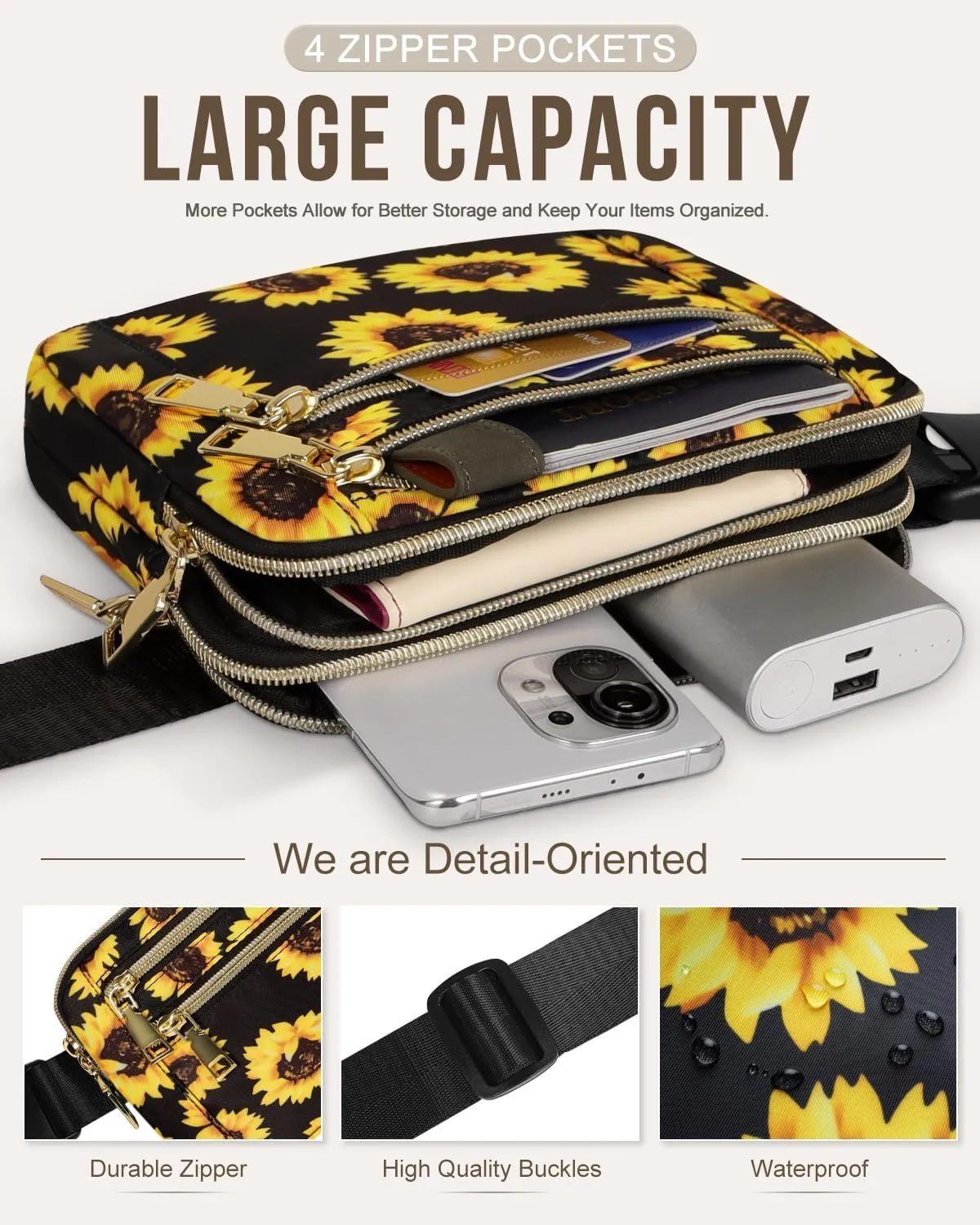 Capolo Fanny Packs for Women Fashion Waist Packs Bag with Adjustable Strap and 4 Zipper Pockets Waterproof Everywhere Crossbody Belt Bag for Workout Running Travelling(Sunflower)