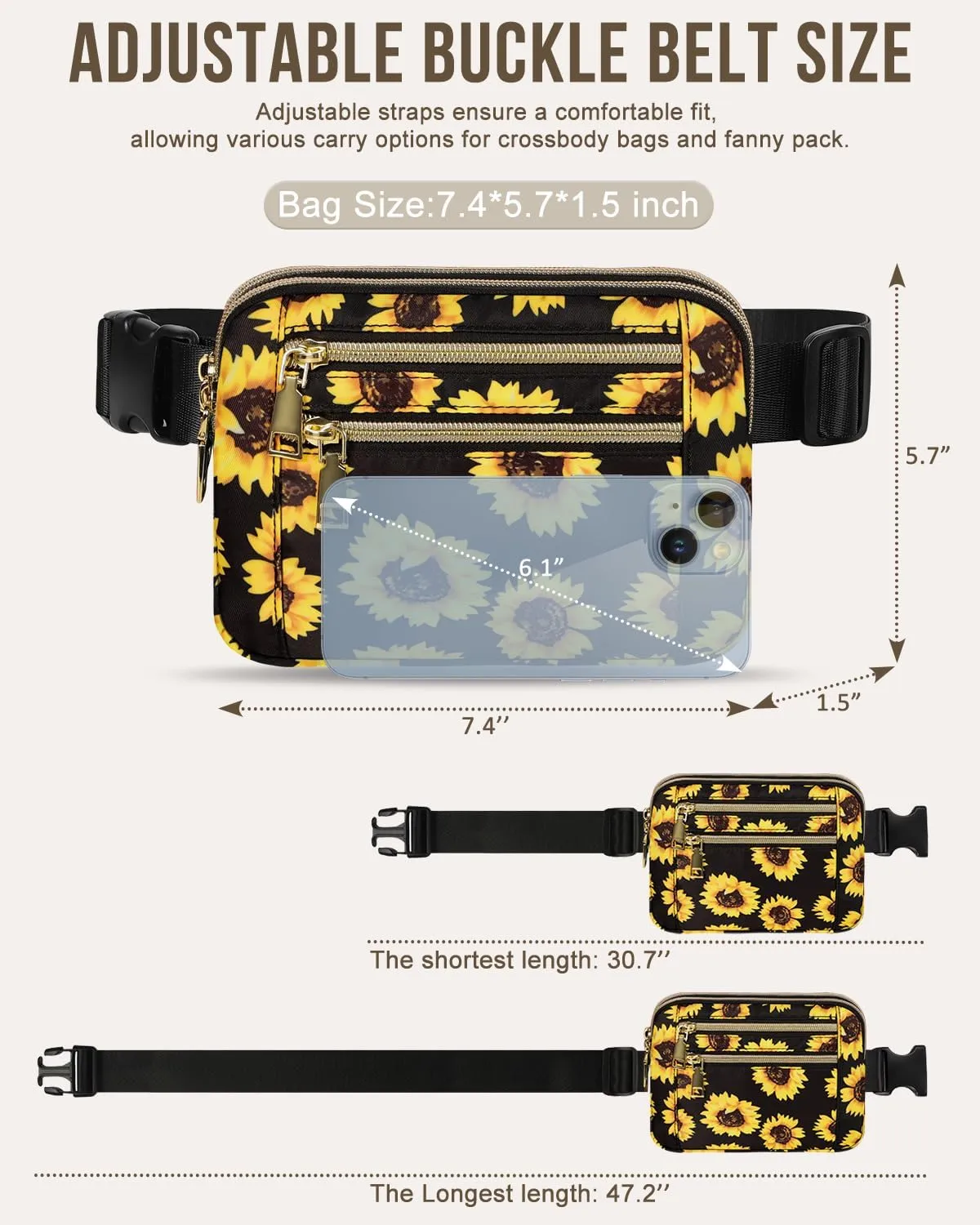 Capolo Fanny Packs for Women Fashion Waist Packs Bag with Adjustable Strap and 4 Zipper Pockets Waterproof Everywhere Crossbody Belt Bag for Workout Running Travelling(Sunflower)