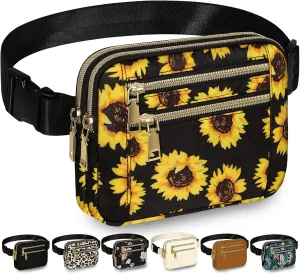 Capolo Fanny Packs for Women Fashion Waist Packs Bag with Adjustable Strap and 4 Zipper Pockets Waterproof Everywhere Crossbody Belt Bag for Workout Running Travelling(Sunflower)