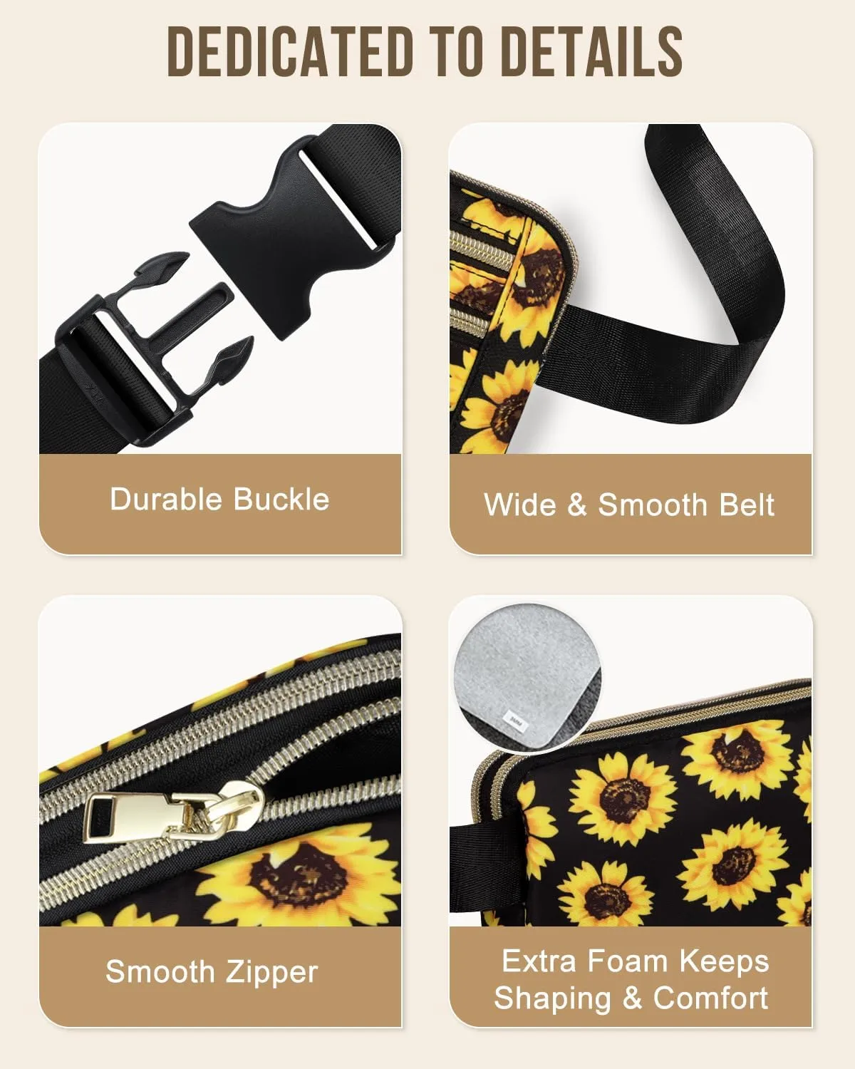 Capolo Fanny Packs for Women Fashion Waist Packs Bag with Adjustable Strap and 4 Zipper Pockets Waterproof Everywhere Crossbody Belt Bag for Workout Running Travelling(Sunflower)