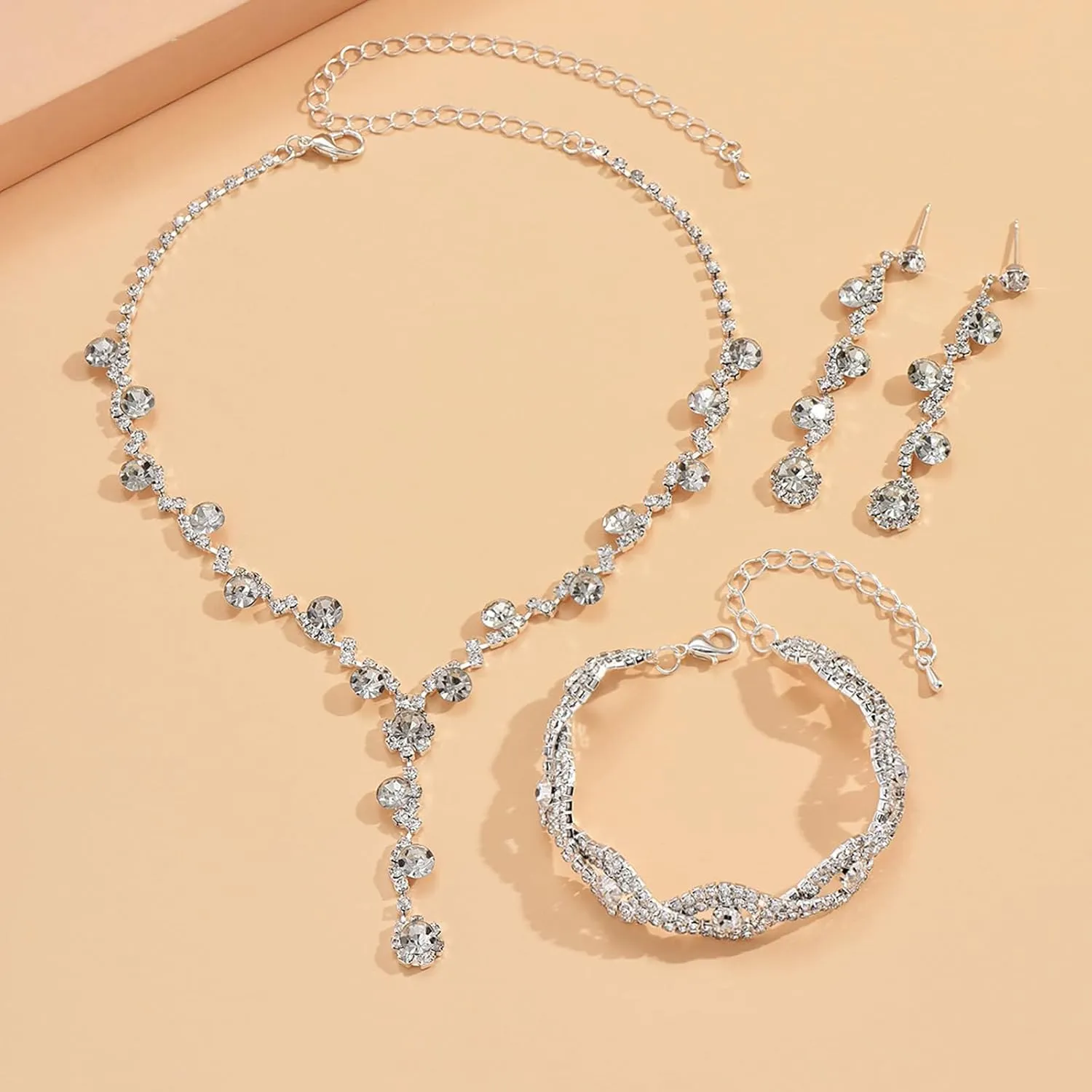 choice of all Wedding Jewelry Set for Brides Bridesmaids Silver Rhinestone Necklace Earrings Bracelet Sets Formal Costume Jewelry Prom Jewelry Sets for Women