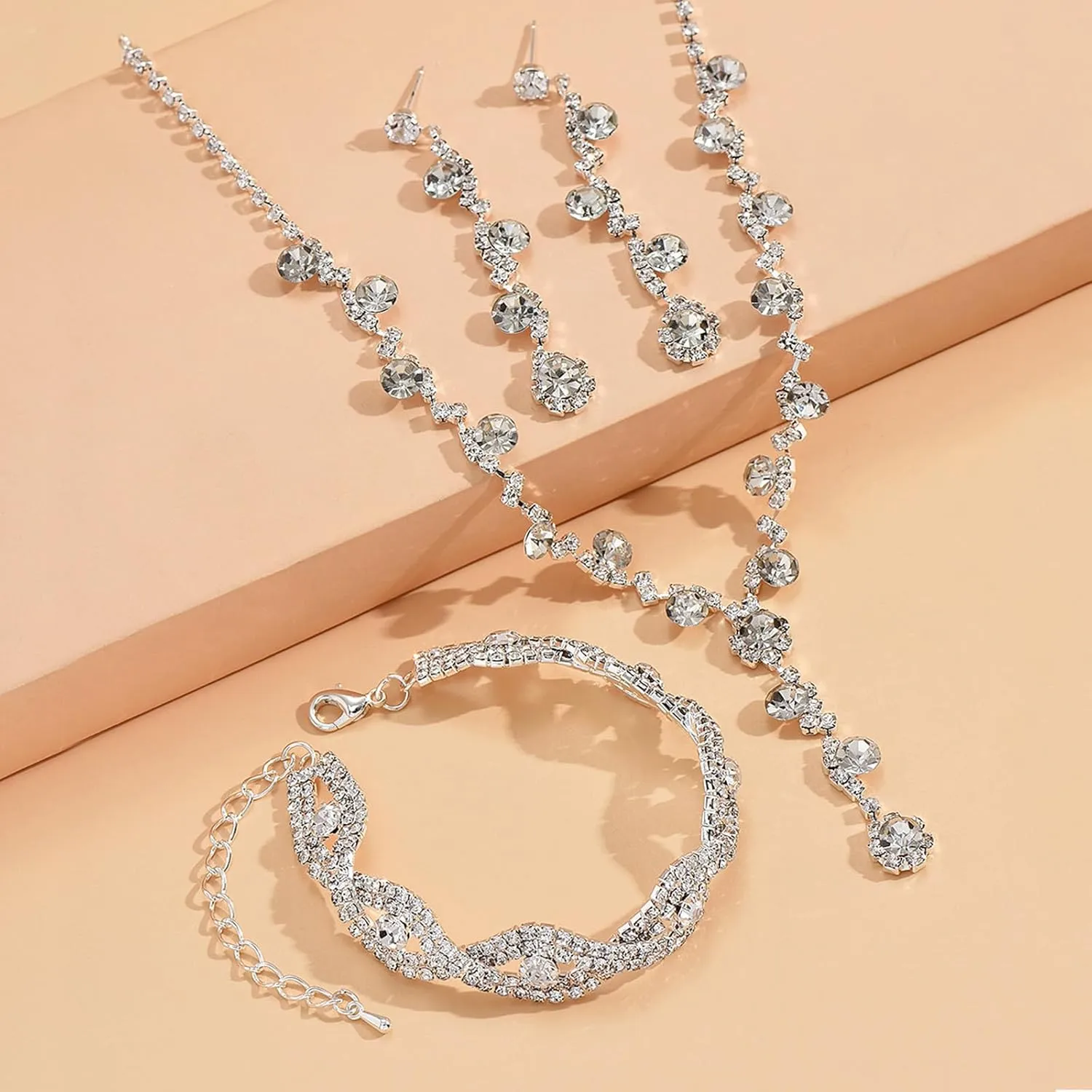 choice of all Wedding Jewelry Set for Brides Bridesmaids Silver Rhinestone Necklace Earrings Bracelet Sets Formal Costume Jewelry Prom Jewelry Sets for Women