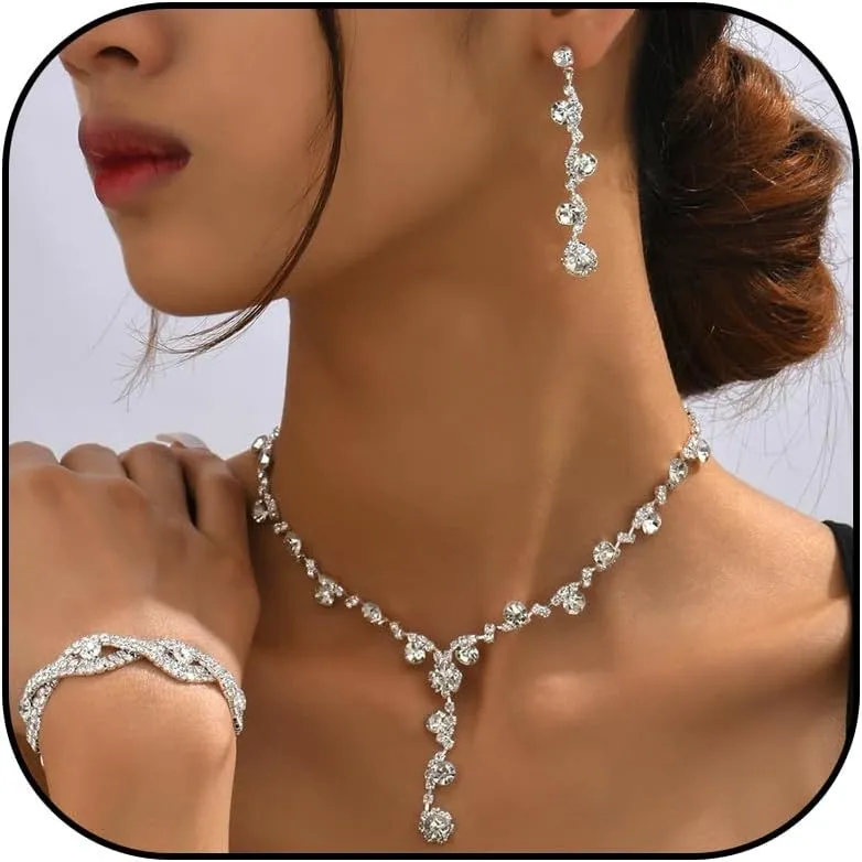 choice of all Wedding Jewelry Set for Brides Bridesmaids Silver Rhinestone Necklace Earrings Bracelet Sets Formal Costume Jewelry Prom Jewelry Sets for Women