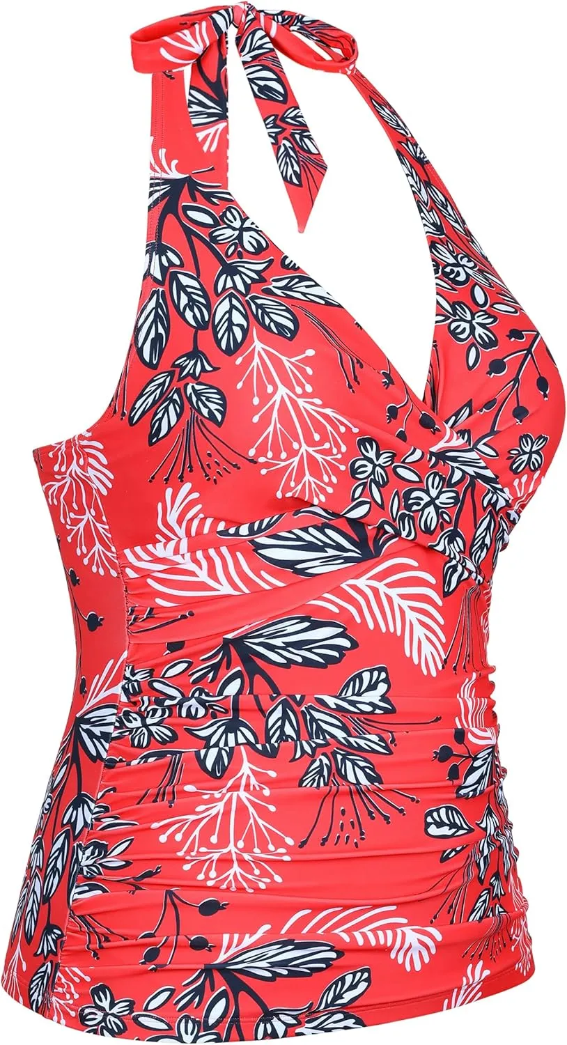 coastal rose Women's Underwire Tankini Top Twist Halter V Neck Swim Top Only Ruched Tummy Control Bathing Suit Tops