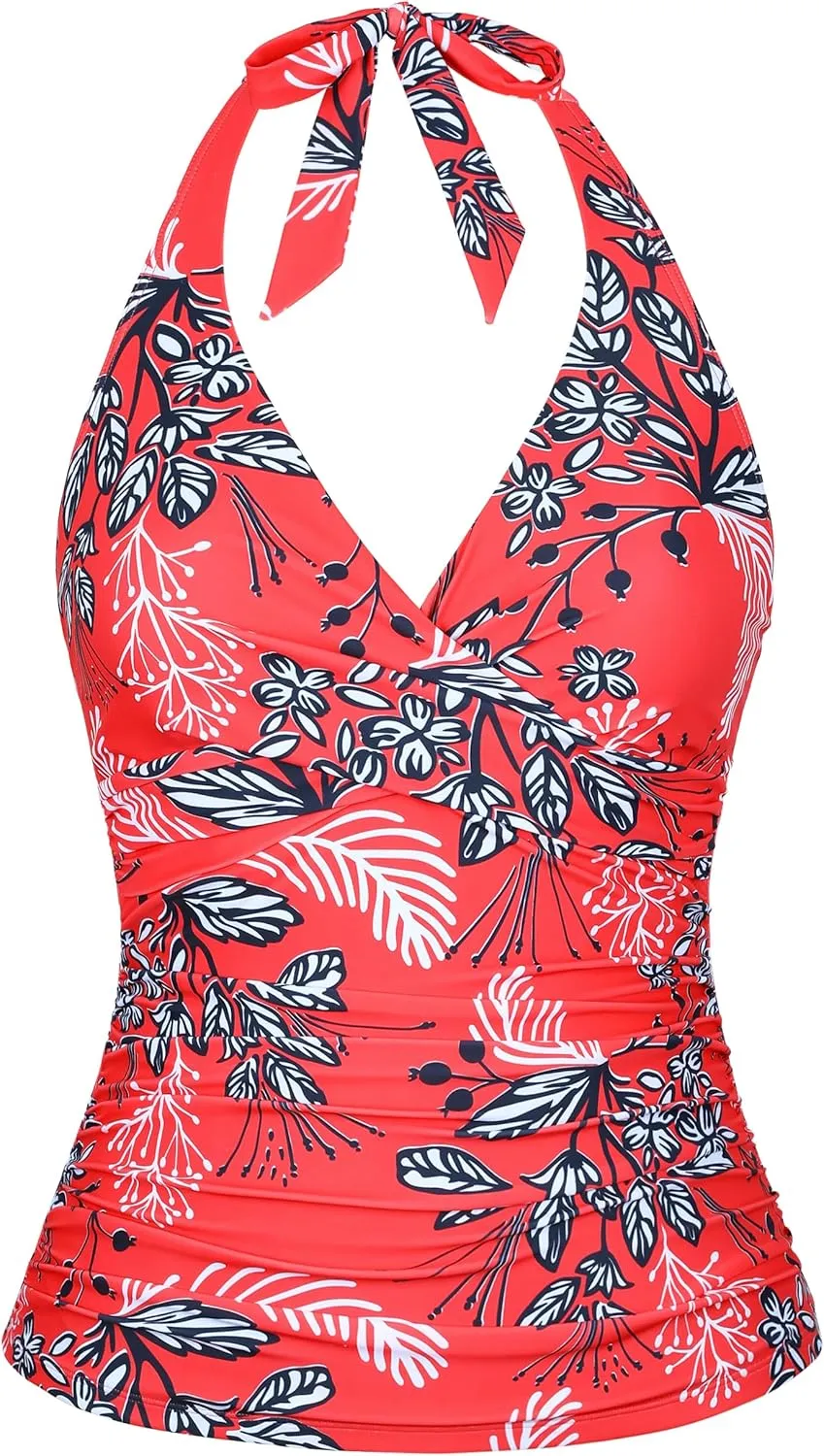 coastal rose Women's Underwire Tankini Top Twist Halter V Neck Swim Top Only Ruched Tummy Control Bathing Suit Tops