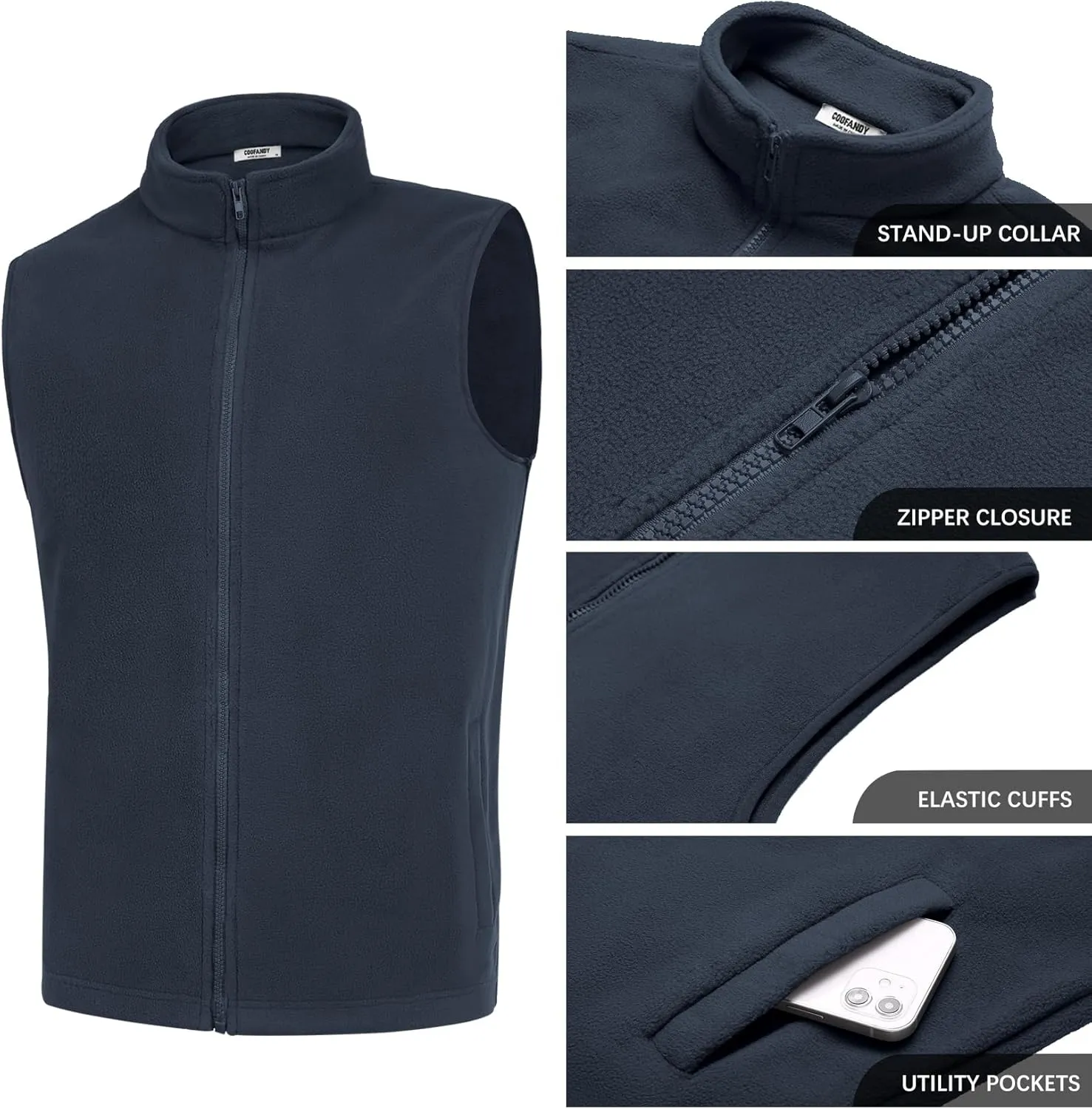 COOFANDY Men's Polar Fleece Vest Lightweight Sleeveless Zip Up Jacket Casual Outerwear Outdoor Golf Vests
