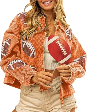 cooki Womens Fall Fashion 2023 Women's Cropped Corduroy Jacket Football Sequin Patched Short Button Raw Hem Jacket Coats
