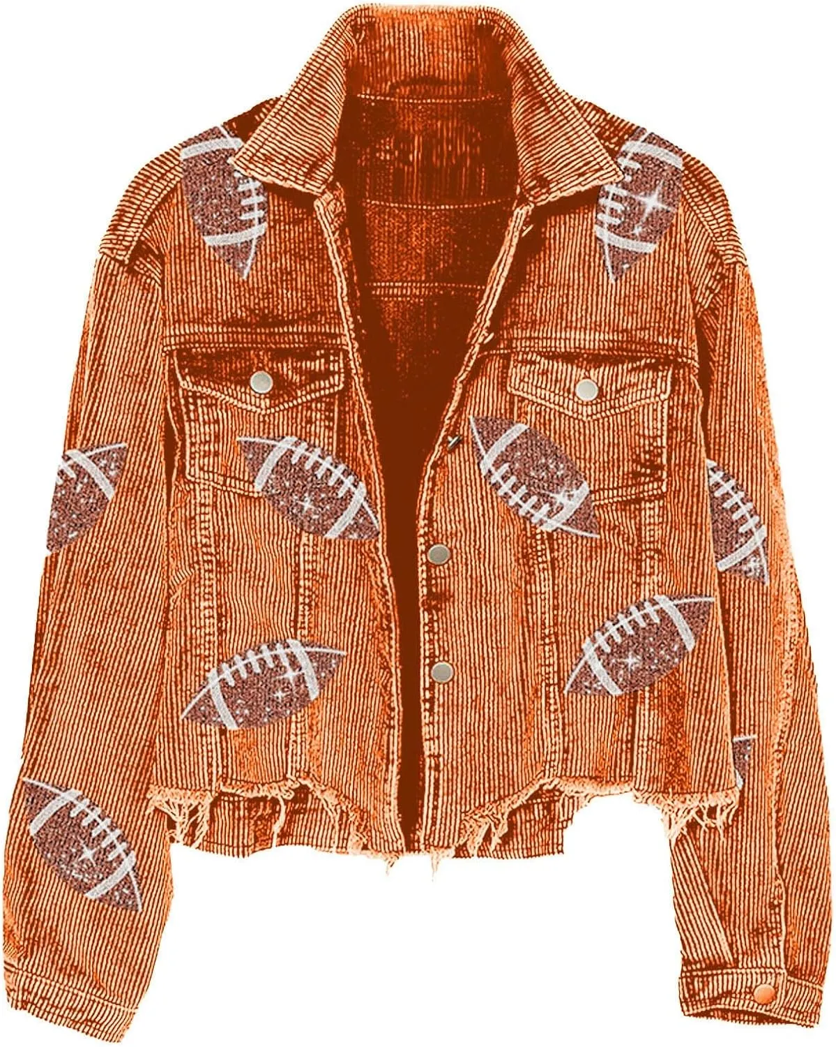 cooki Womens Fall Fashion 2023 Women's Cropped Corduroy Jacket Football Sequin Patched Short Button Raw Hem Jacket Coats