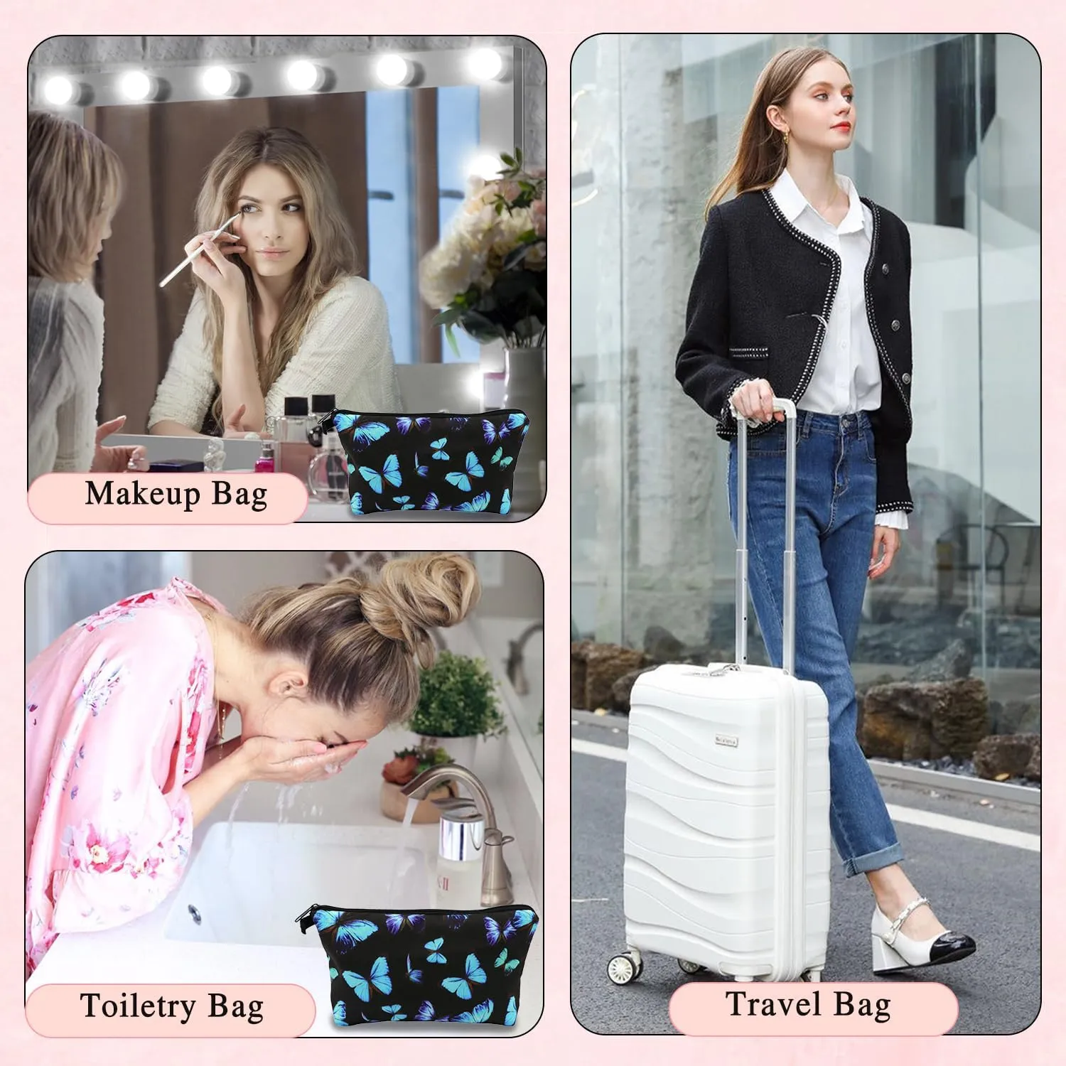 Cosmetic Bags for Women Small Blue Butterfly Makeup Bag for Purse Travel Toiletry Bag Accessories Organizer Zipper Pouch Travel Essentials Gift Idea (NR40214)