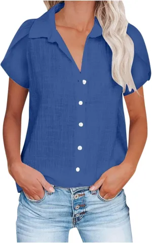 Cotton Linen Shirts for Women 2025 Buttons V Neck Short Sleeve Tops Summer Trendy Blouses Casual Loose Tunic Clothes