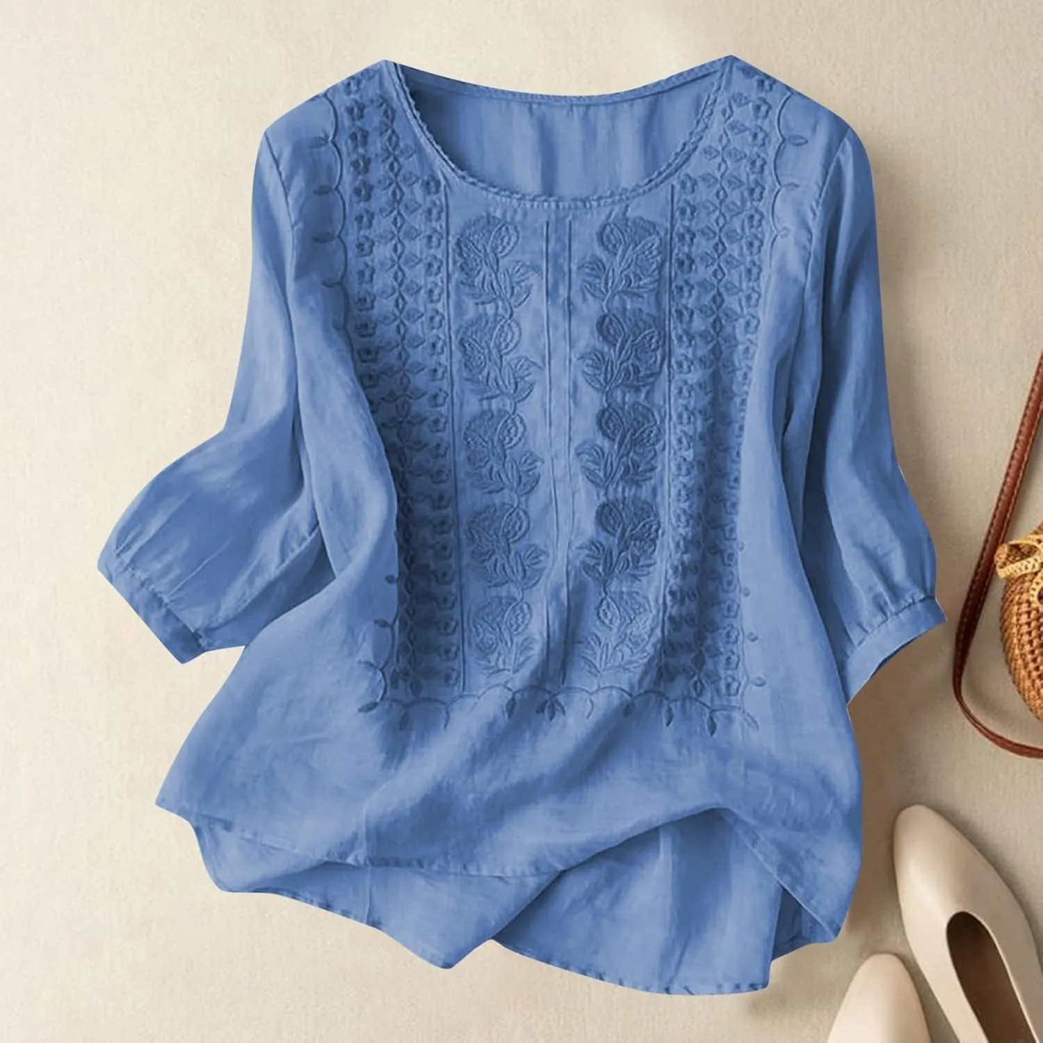Cotton Linen Shirts for Women 2025 Trendy Summer Retro Embroidered 3/4 Sleeve Boho Blouse Dressy Casual Vacation Top