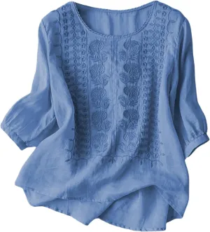 Cotton Linen Shirts for Women 2025 Trendy Summer Retro Embroidered 3/4 Sleeve Boho Blouse Dressy Casual Vacation Top