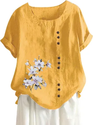 Cotton Linen Tops for Womens Crewneck Roll Up Short Sleeve Tshirt Trendy Floral Print Casual Loose Fitted Blouse