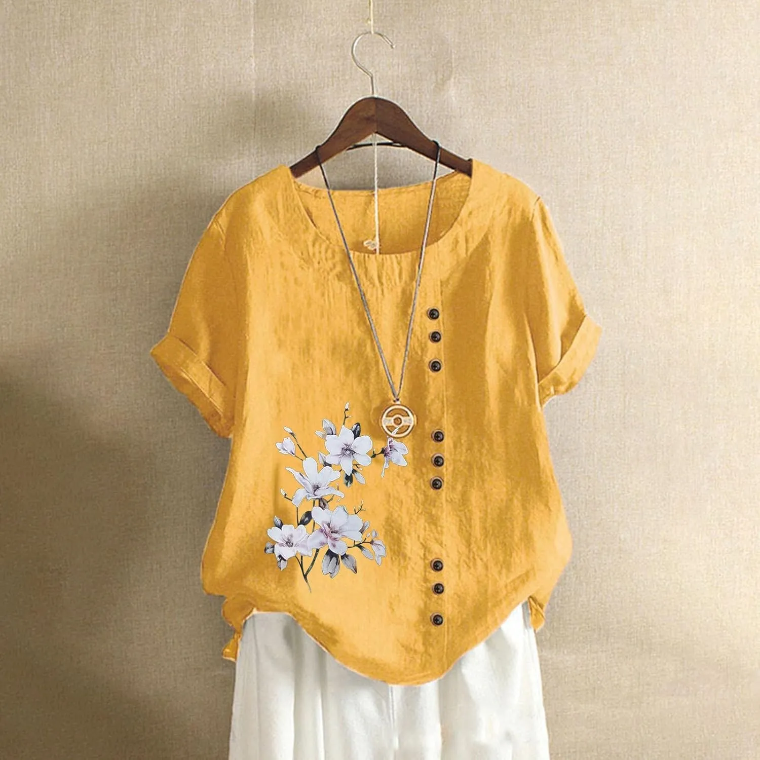Cotton Linen Tops for Womens Crewneck Roll Up Short Sleeve Tshirt Trendy Floral Print Casual Loose Fitted Blouse