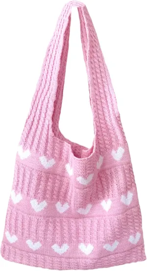 Crochet Tote Bags for Women - Cute Heart Shaped Knit Shoulder Bag Cutecore Accessories Y2K Aesthetic Handbag Beach Hobo Bag