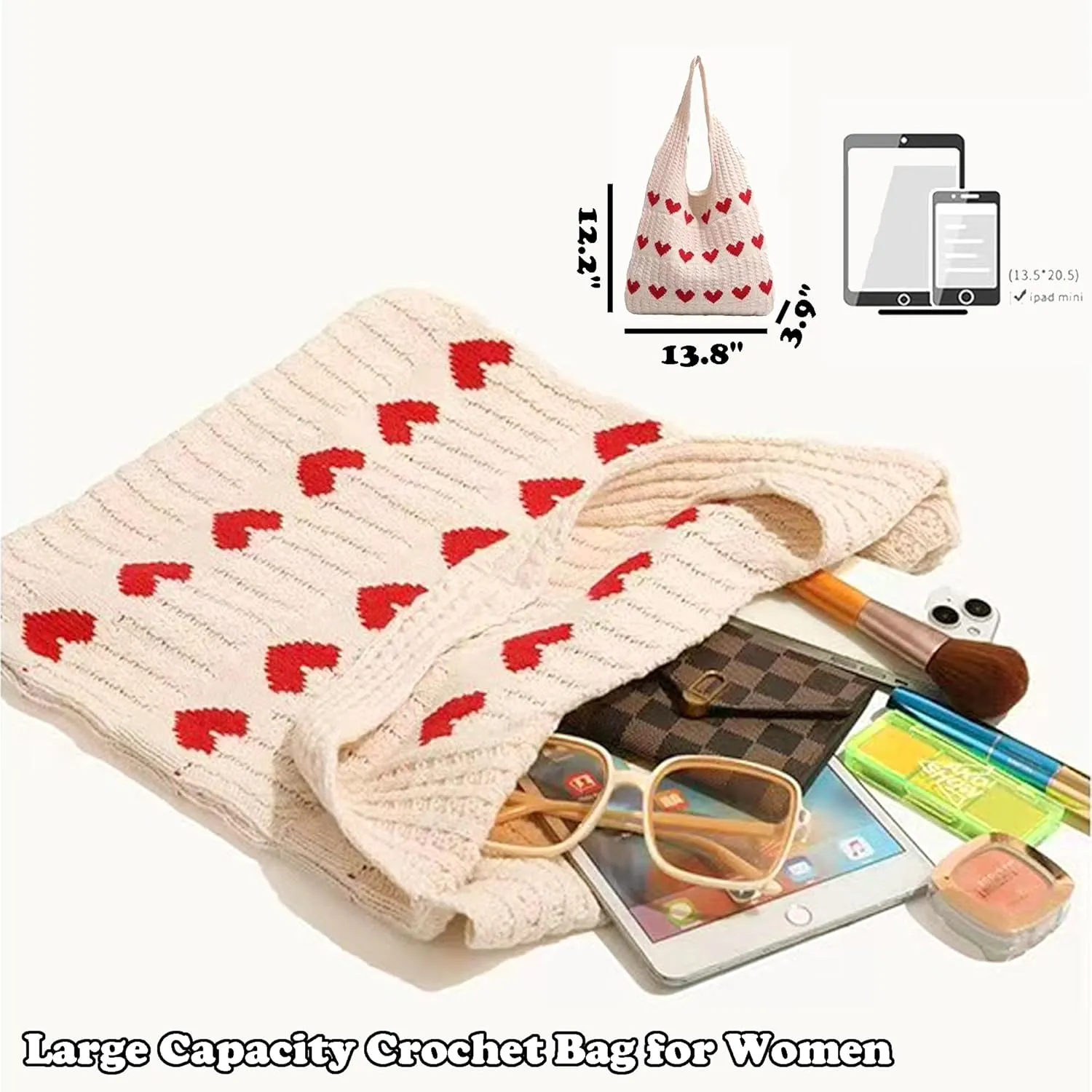 Crochet Tote Bags for Women - Cute Heart Shaped Knit Shoulder Bag Cutecore Accessories Y2K Aesthetic Handbag Beach Hobo Bag