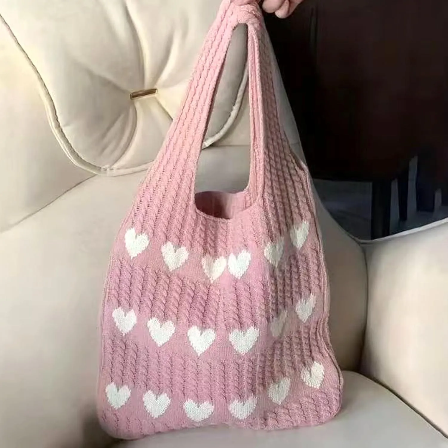 Crochet Tote Bags for Women - Cute Heart Shaped Knit Shoulder Bag Cutecore Accessories Y2K Aesthetic Handbag Beach Hobo Bag