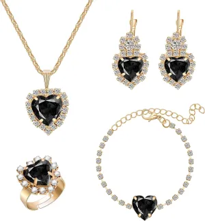 Crystal Heart Jewelry Sets, Sparkling Hearts Necklace/Bracelet/Earring/Ring Red Artificial Crystal Prom Jewelry Set for Bride Jewelry Birthday Gifts for Wife Women