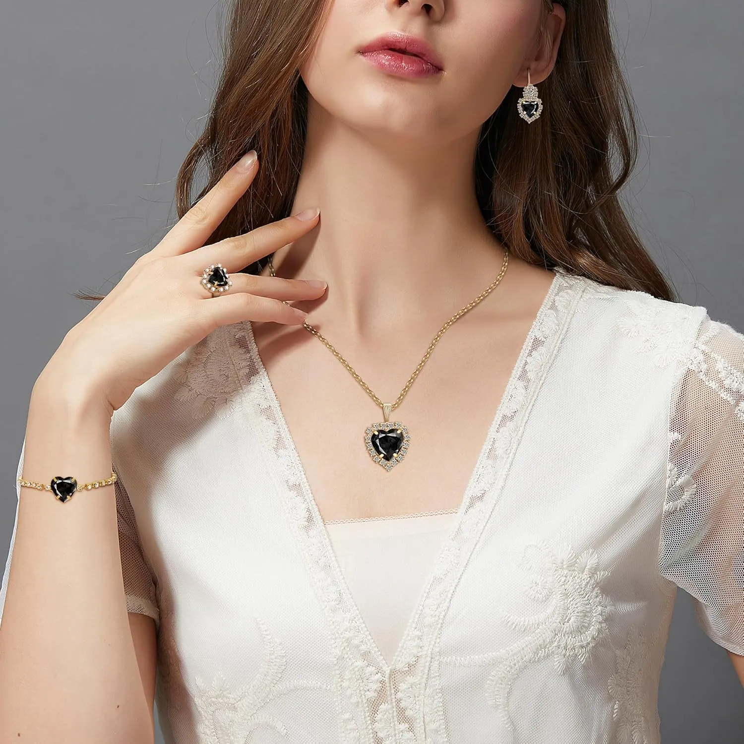 Crystal Heart Jewelry Sets, Sparkling Hearts Necklace/Bracelet/Earring/Ring Red Artificial Crystal Prom Jewelry Set for Bride Jewelry Birthday Gifts for Wife Women