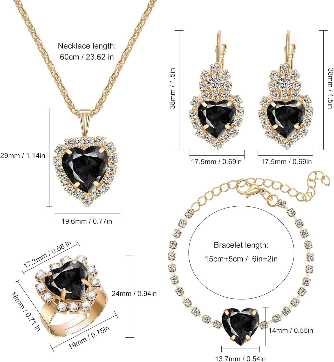 Crystal Heart Jewelry Sets, Sparkling Hearts Necklace/Bracelet/Earring/Ring Red Artificial Crystal Prom Jewelry Set for Bride Jewelry Birthday Gifts for Wife Women