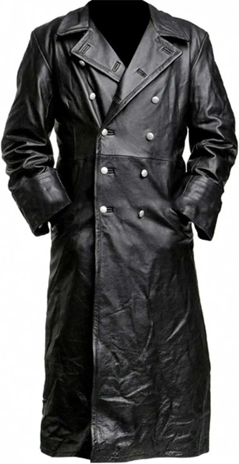 Dademeo Mens Retro Trench Coat Military Uniform Long Black Leather Jacket Fall Winter Warm Windbreaker Coat Motorcycle Jacket