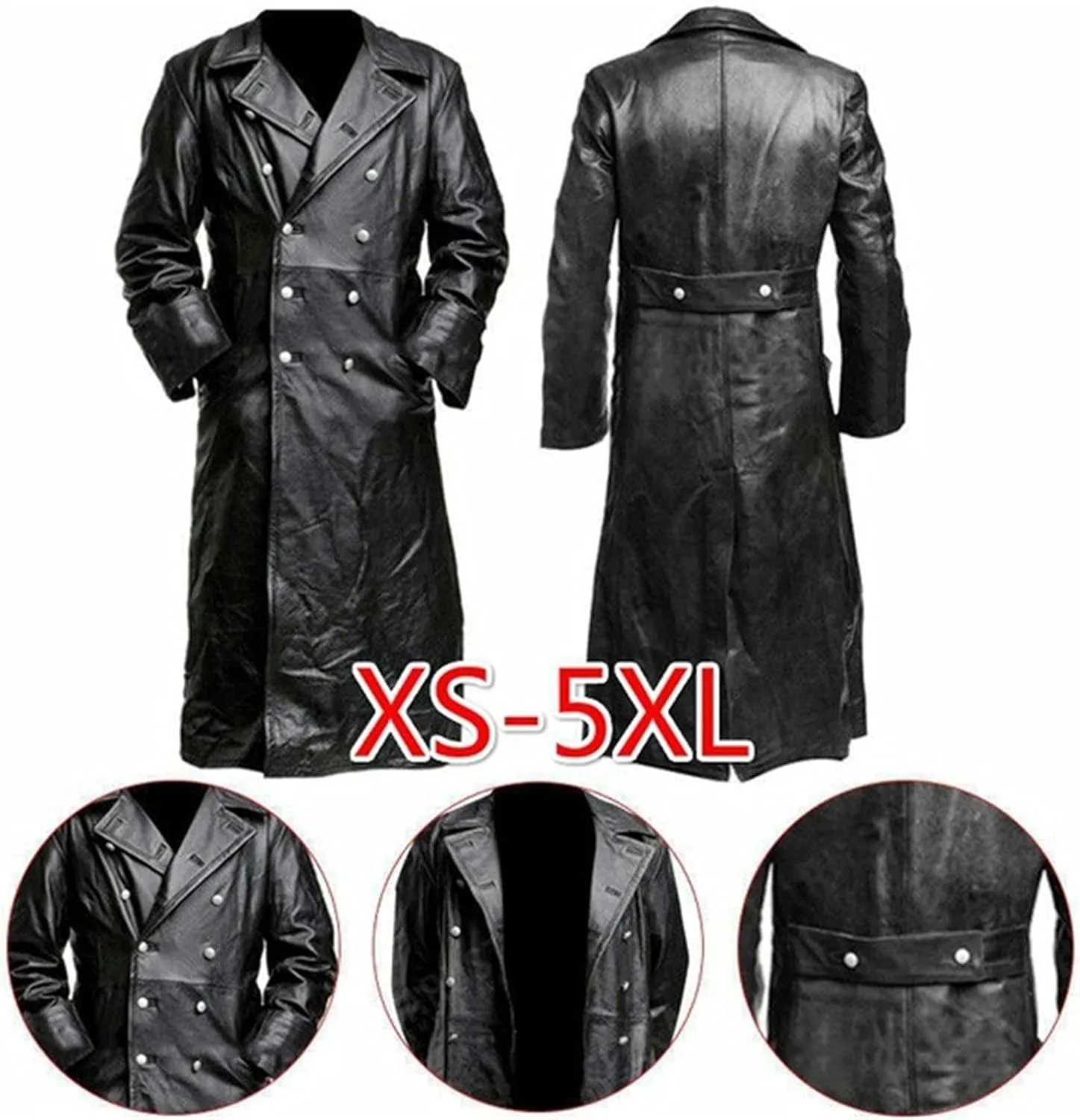 Dademeo Mens Retro Trench Coat Military Uniform Long Black Leather Jacket Fall Winter Warm Windbreaker Coat Motorcycle Jacket