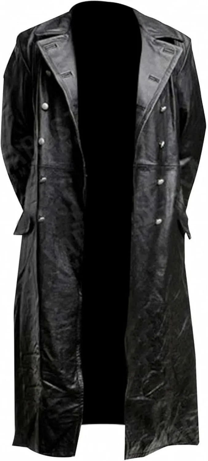 Dademeo Mens Retro Trench Coat Military Uniform Long Black Leather Jacket Fall Winter Warm Windbreaker Coat Motorcycle Jacket