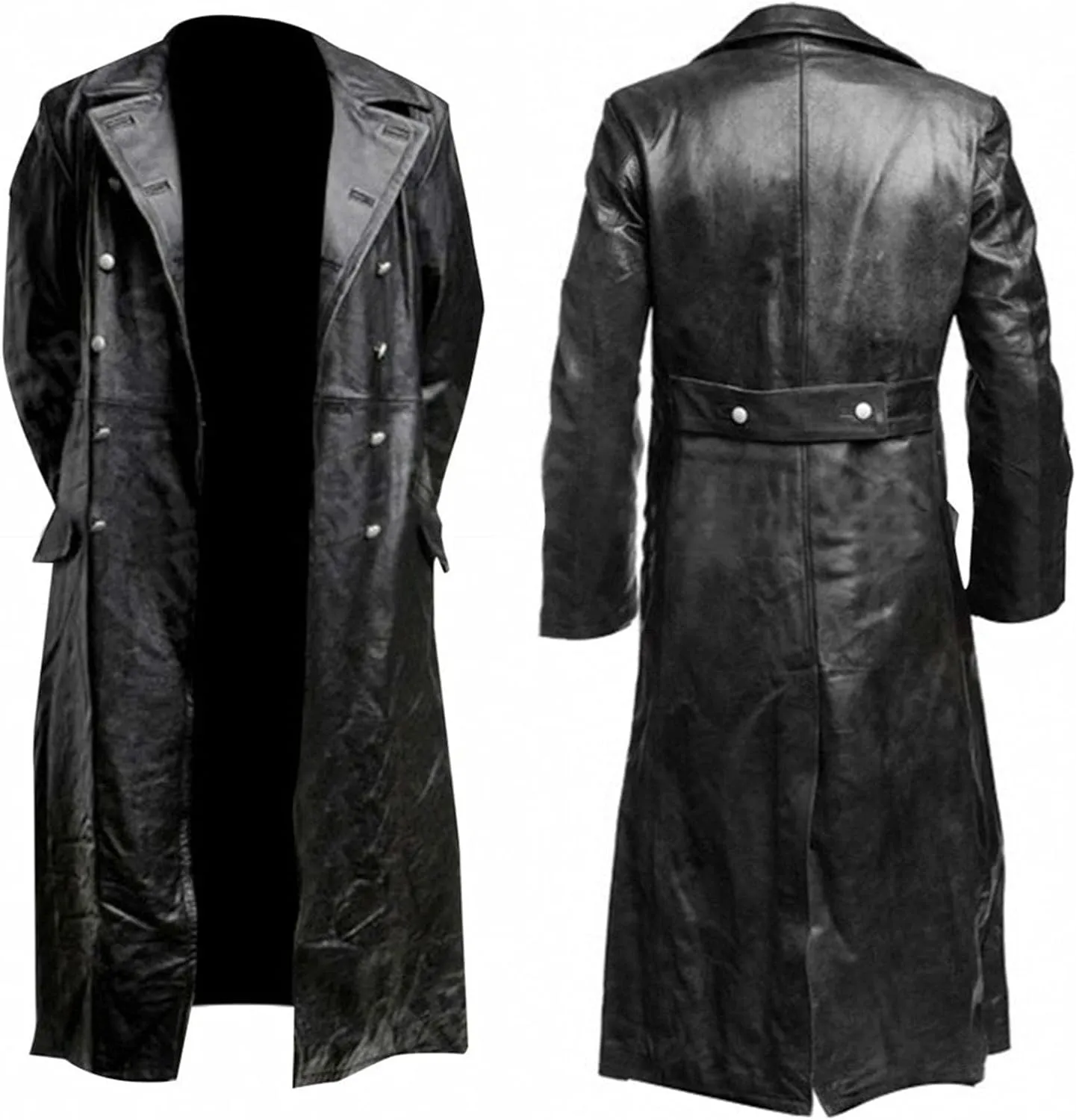 Dademeo Mens Retro Trench Coat Military Uniform Long Black Leather Jacket Fall Winter Warm Windbreaker Coat Motorcycle Jacket