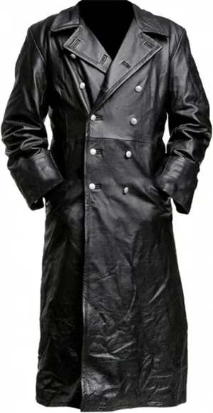 Dademeo Mens Retro Trench Coat Military Uniform Long Black Leather Jacket Fall Winter Warm Windbreaker Coat Motorcycle Jacket