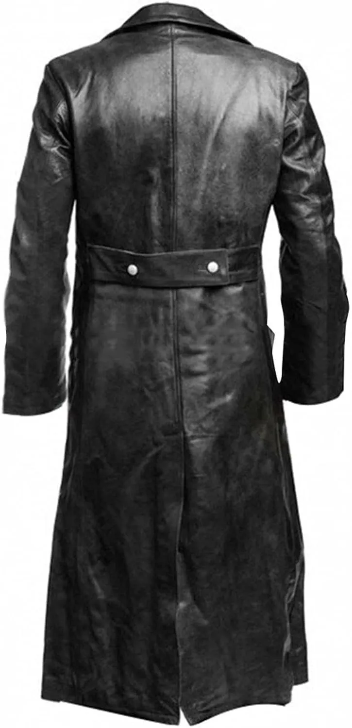 Dademeo Mens Retro Trench Coat Military Uniform Long Black Leather Jacket Fall Winter Warm Windbreaker Coat Motorcycle Jacket