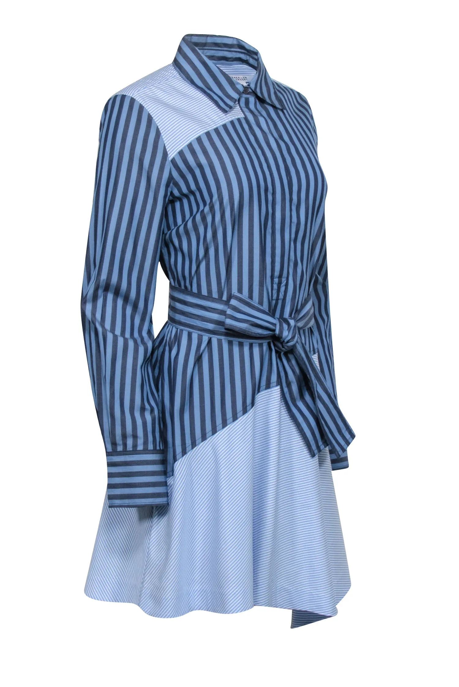 Derek Lam - Blue Mixed Stripe Print Belted Shirt Dress Sz 8